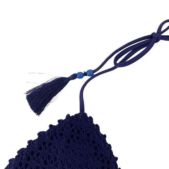 Victorias Secret Teeny Triangle Bikini Top Navy Blue Tassel Crochet Lace Size M - Picture 6 of 10